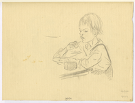 39684 Afbeelding van een broodetend kind in de uitdeelpost Houtplein te Utrecht.